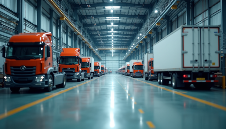 Eye-level view of a manufacturing plant with assembly lines and logistics trucks