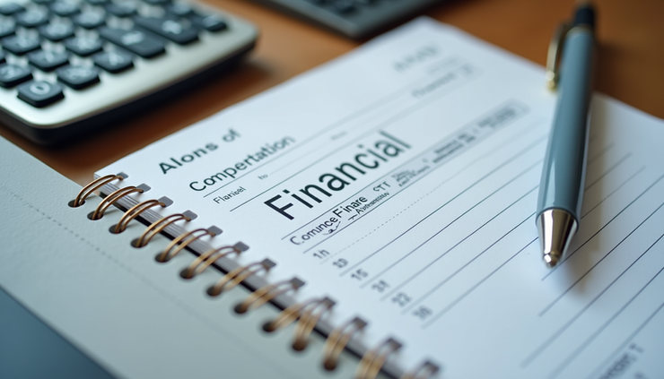 Eye-level view of a financial planner's desk with a calculator, notebook, and pen