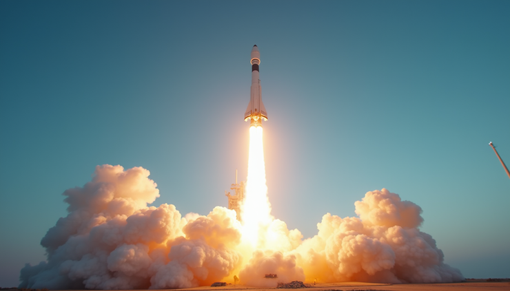 Eye-level view of a SpaceX Falcon 9 rocket launching into the sky