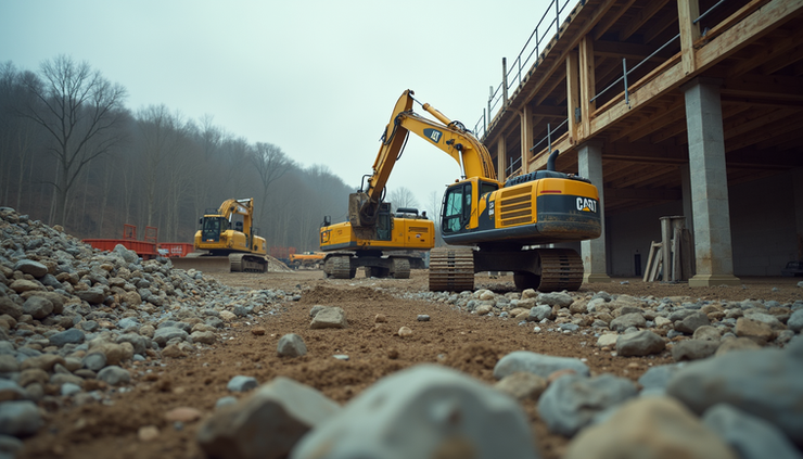 Eye-level view of a construction site with heavy machinery and building framework