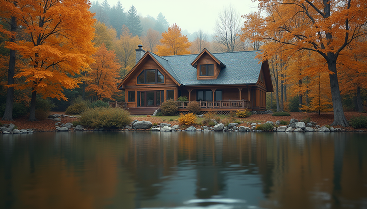 Eye-level view of a lakeside vacation home with autumn trees surrounding it