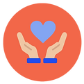Two open hands with a light blue heart in the middle on an orange circular background