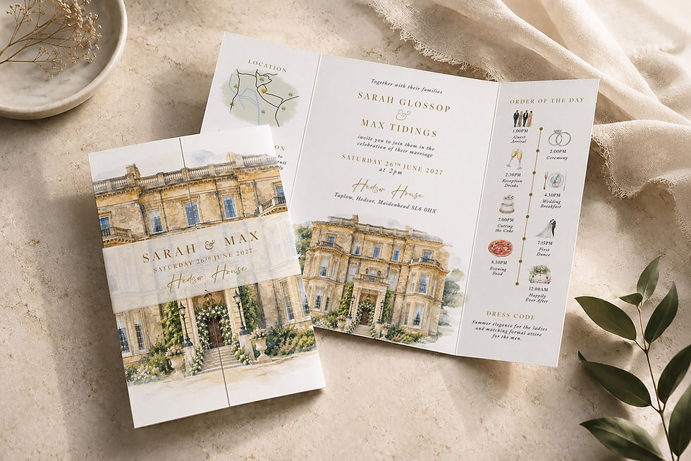 watercolour venue gatefold wedding invitation custom wedding venue illustration vellum belly band wedding invitation personal