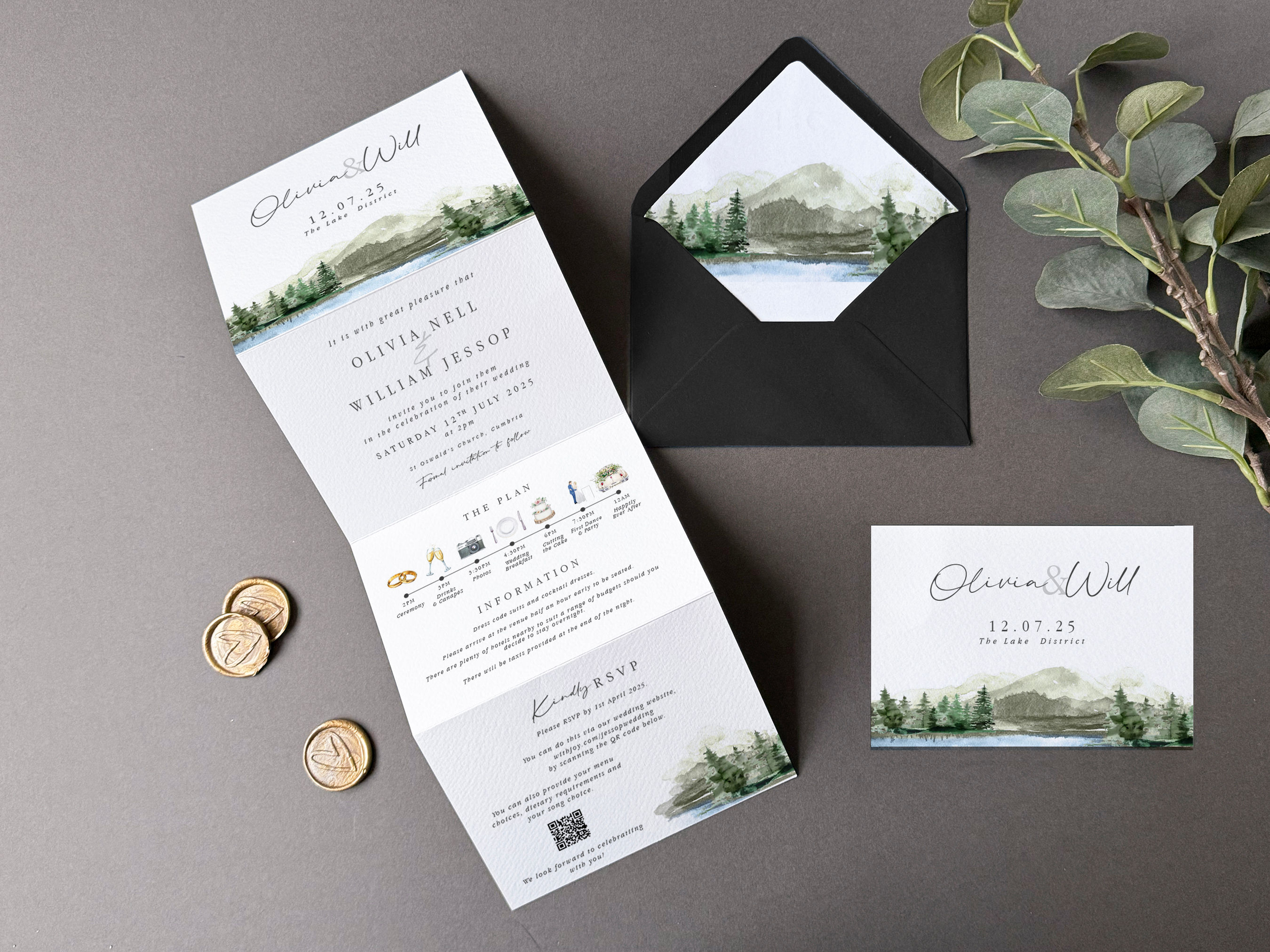 watercolour lake wedding invitation trifold wedding invitation forest wedding invite watercolour forest wedding invite