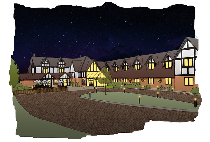 illustrated hotel brochure illustrations. hand drawn illustrations for hotels. venue illustrations, hand drawn illustrations, night time illustration, wedding venue illustration, bespoke invites