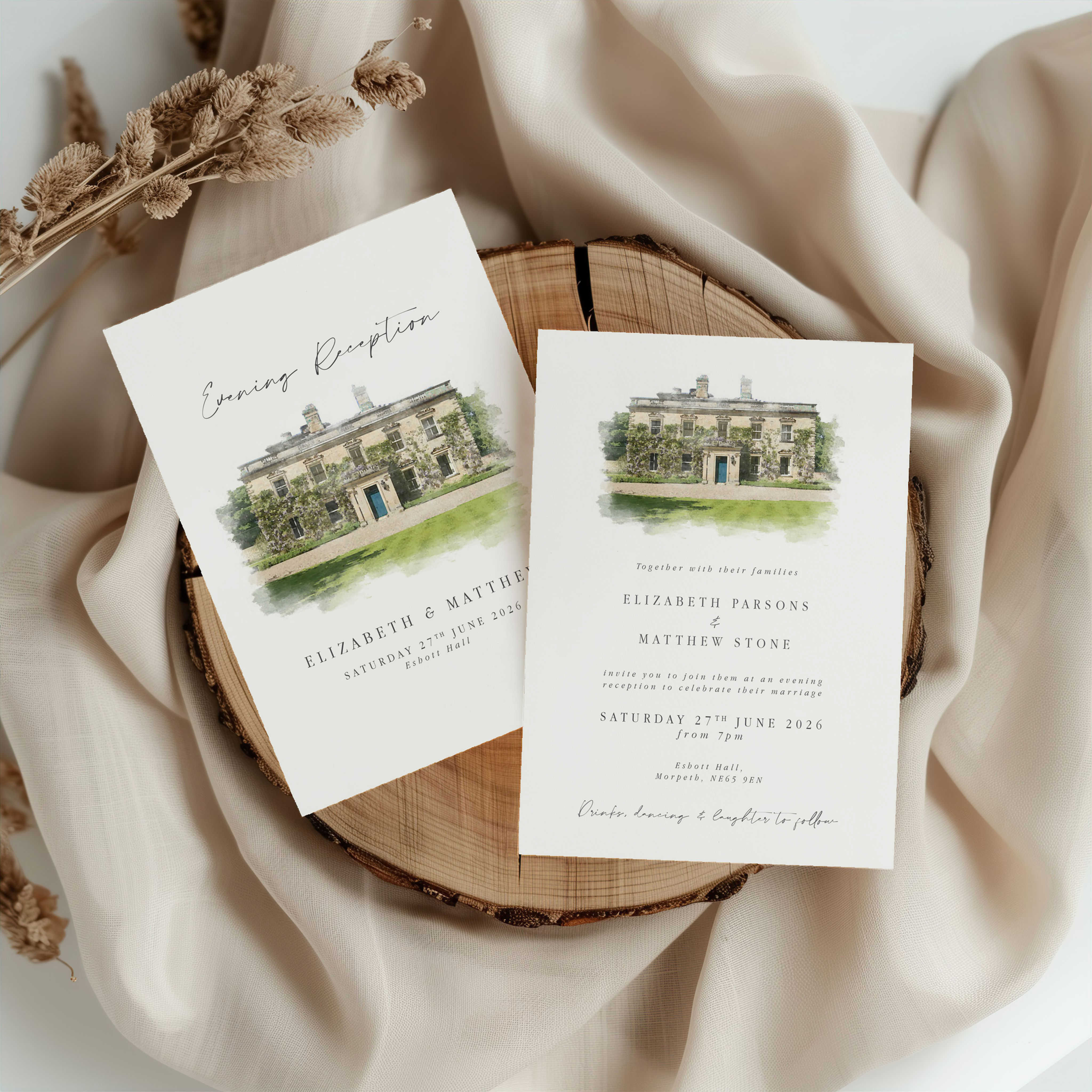 venue watercolour evening wedding invitation venue painting