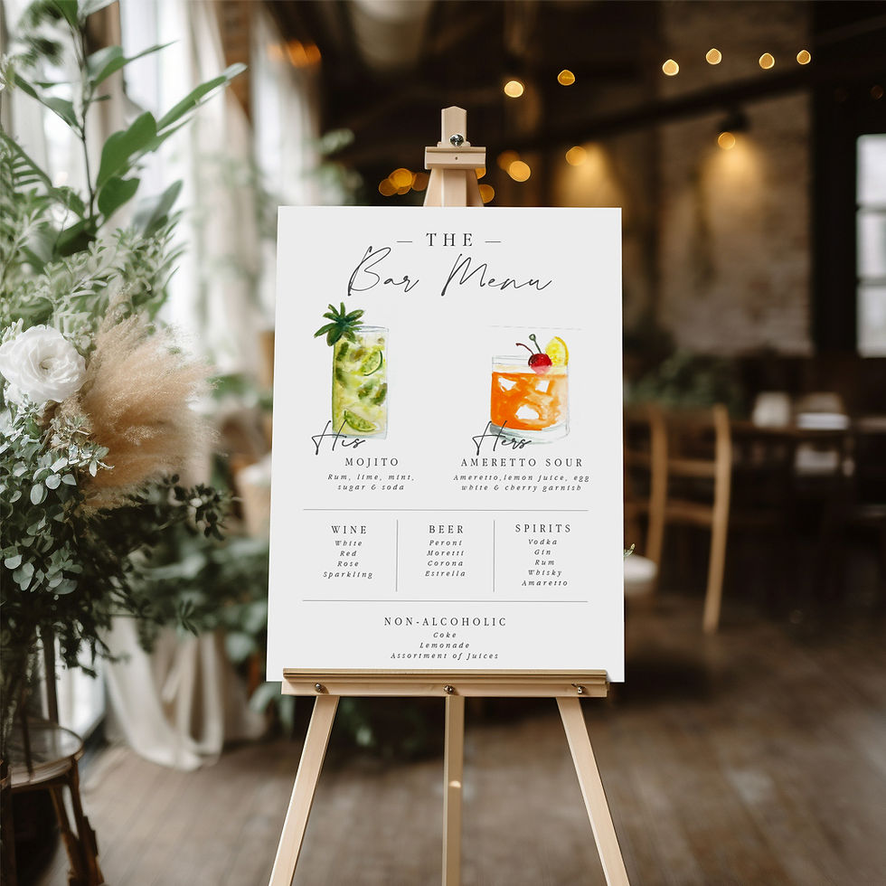 Watercolour Cocktail Wedding Bar Menu Sign Custom Wedding Bar Menu sign