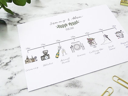 custom illustrated wedding timeline, illustrated order of service, illustrated order of the day, bespoke invites