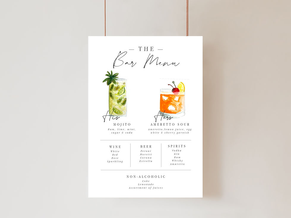 Thumbnail: Watercolour Cocktail Wedding Bar Menu Sign Custom Wedding Bar Menu sign