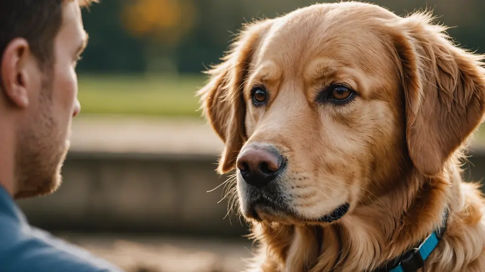 Close-up view of a golden retriever sitting attentively during training