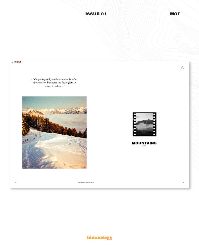 Miniaturbild: Mountains on Film Zine – Innenansicht mit analoger Winter-Bergfotografie und Intro-Seite.
