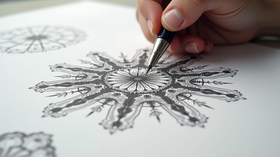 Eye-level view of a detailed pen drawing showcasing intricate patterns