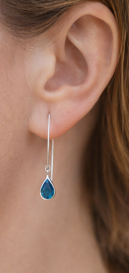 Sterling silver ear wire and london blue quartz drop earring shown on one ear
