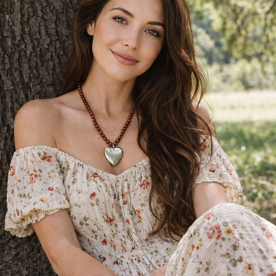 Lady sitting next to a tree, in a flowy dress, wearing the iron heart empress