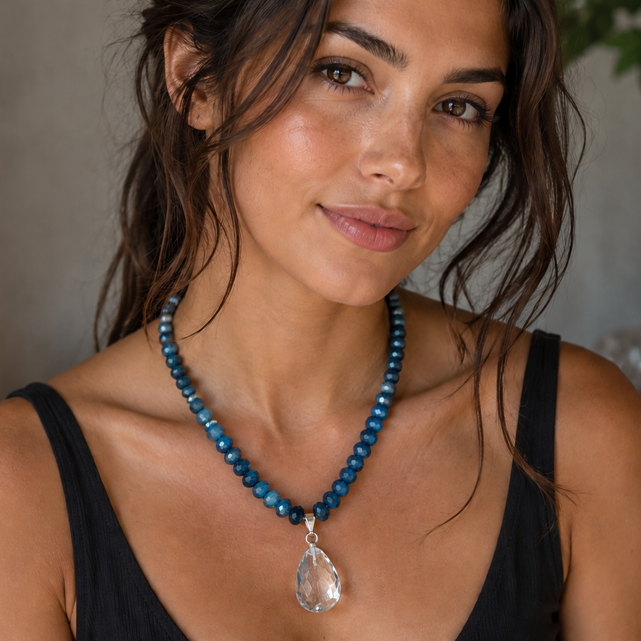 Blue apatite necklace shown on a model