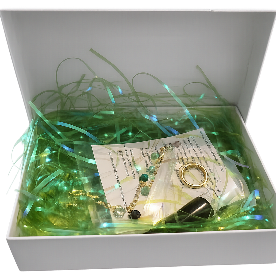 Gift box showing oil, catcher & blessing/directions