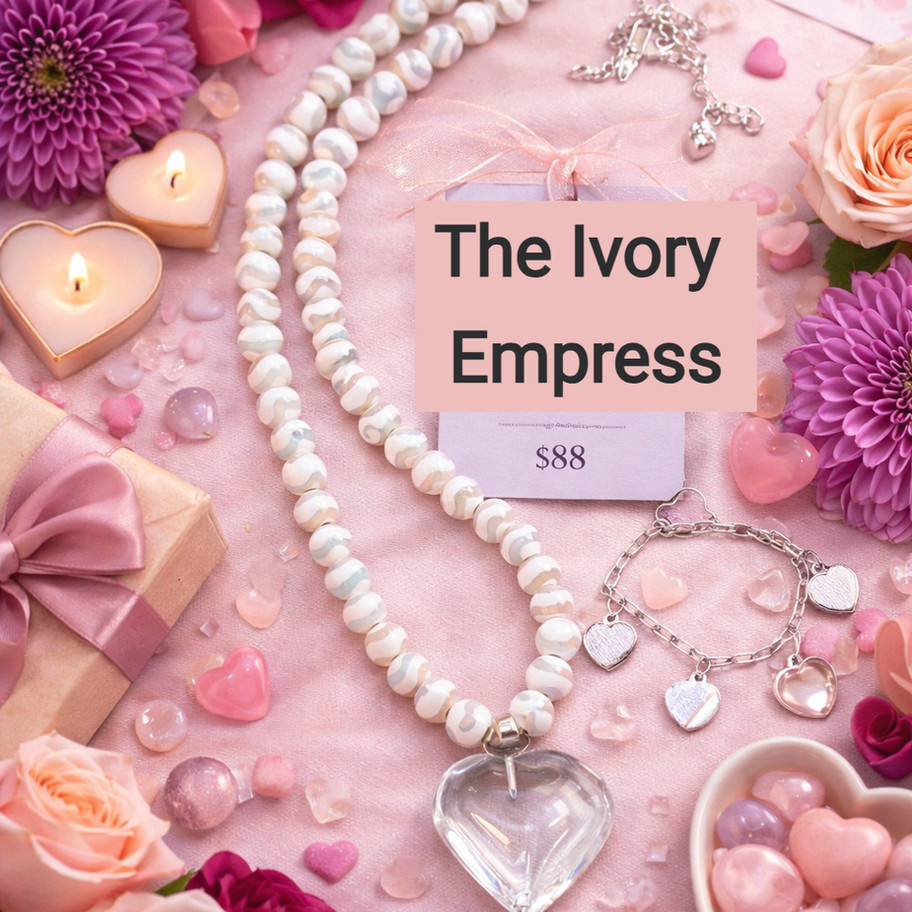 The Ivory Heart Empress Necklace laying on pink fabric surrounded by hearts