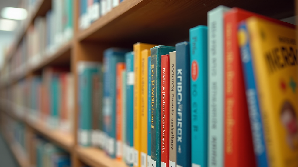 Eye-level view of a colorful bookshelf filled with educational books on autism