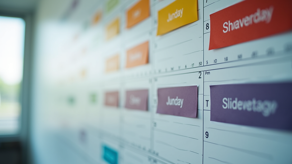 Close-up view of a colorful visual schedule chart on a wall