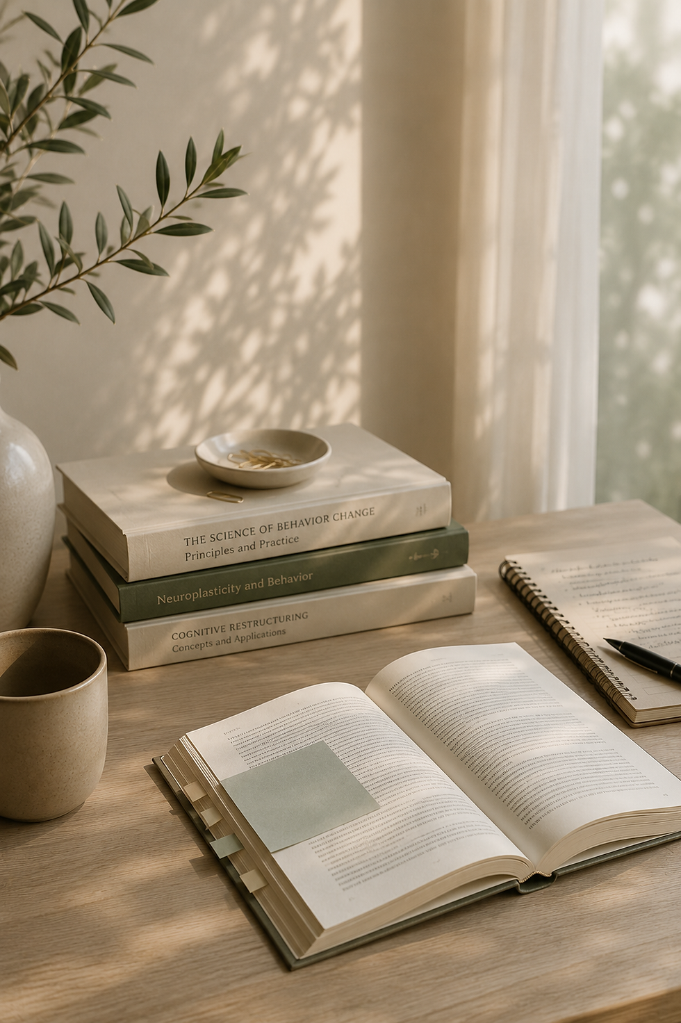 Warm, soft-light photo of a wooden desk with psychology and neuroscience books, a ceramic mug, and a vase with green branches.