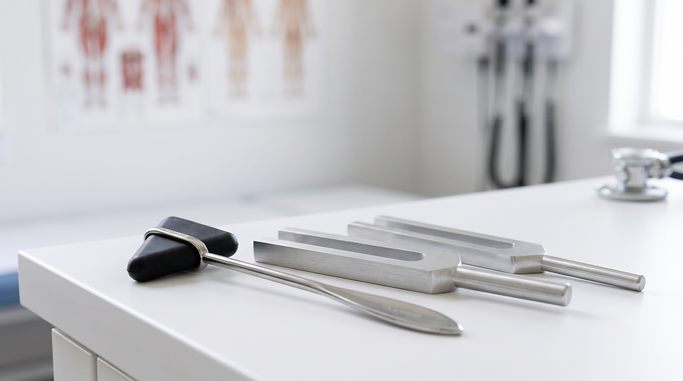 Reflex hammer and tuning fork set used for neurological examination technique