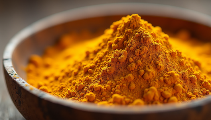 Close-up view of vibrant turmeric powder in a wooden bowl