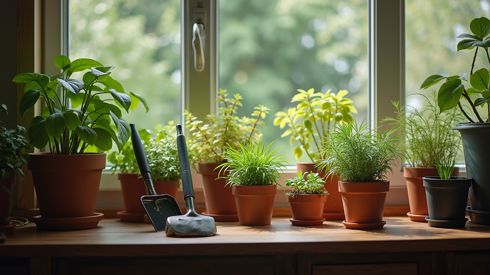 Eye-level view of a variety of potted plants and gardening tools on a shelf