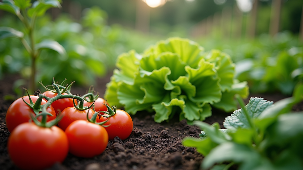 High angle view of a vegetable garden with tomatoes, lettuce, and herbs