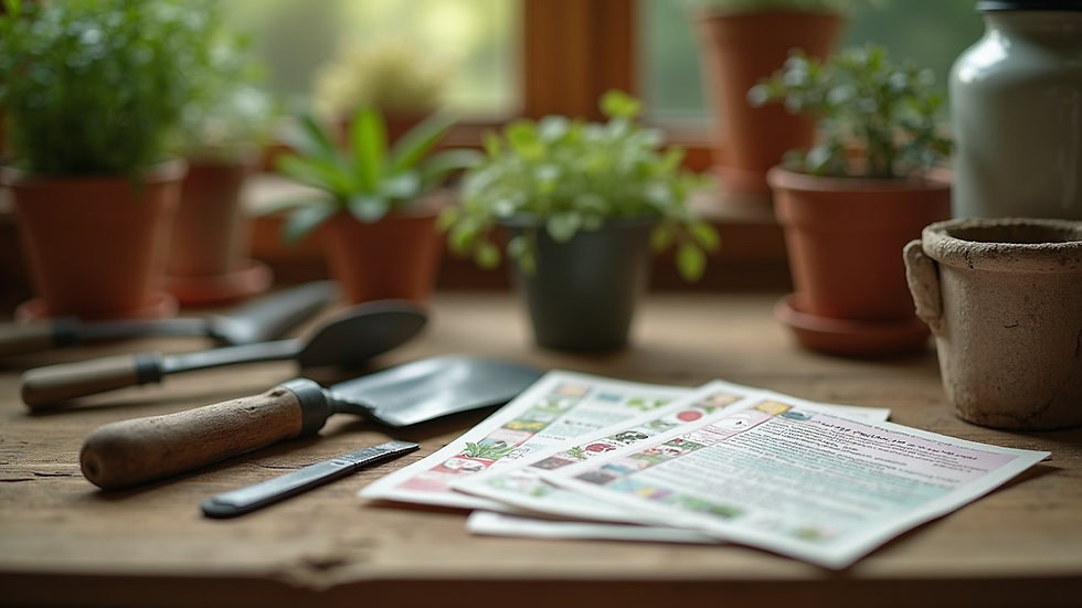 Close-up view of gardening tools and seed packets on a wooden table