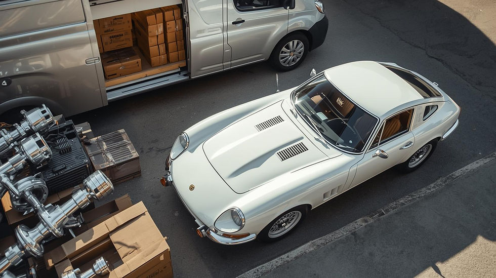 imagem sobre peças maquinadas novas com bom aspeto, carrinha de entregas, caixas de papelã