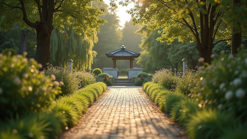 Eye-level view of a serene garden path leading to a peaceful place of reflection