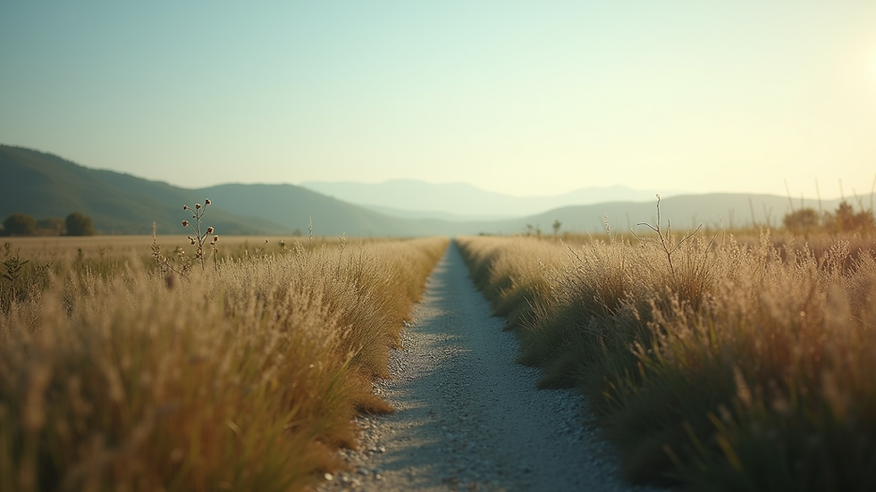 Eye-level view of a serene landscape with a path leading into the distance