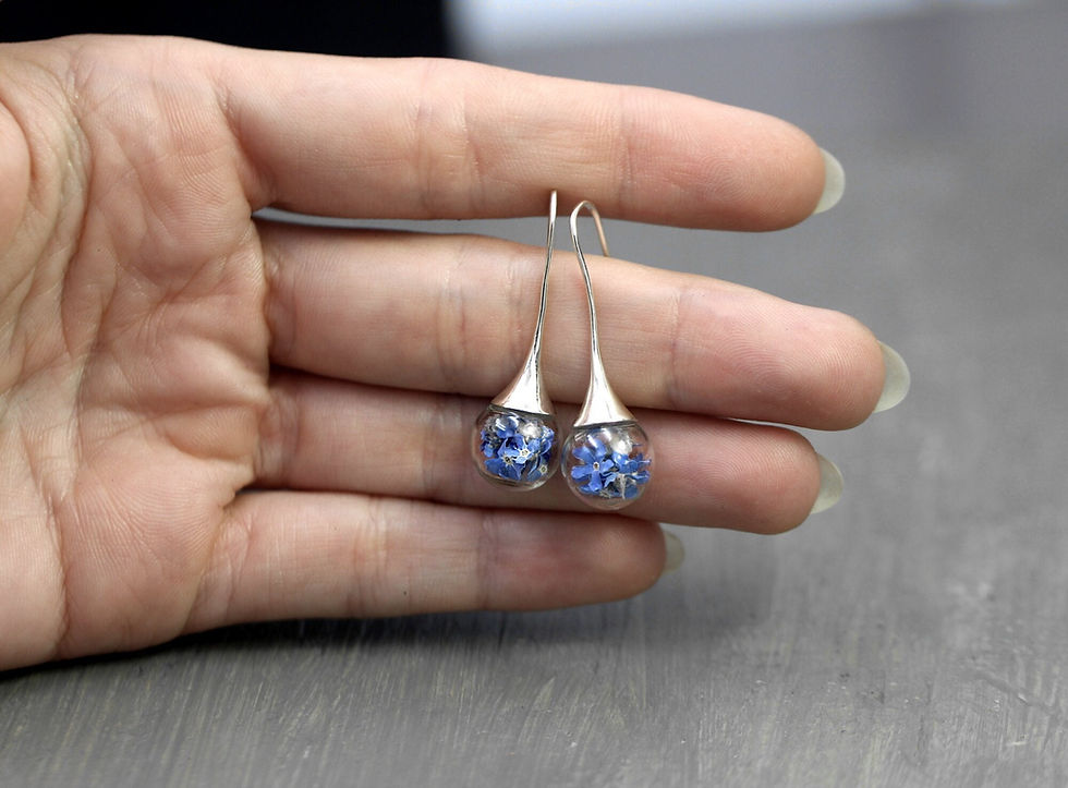 Thumbnail: Real Not Forget Me  Silver Drop Earrings on hand