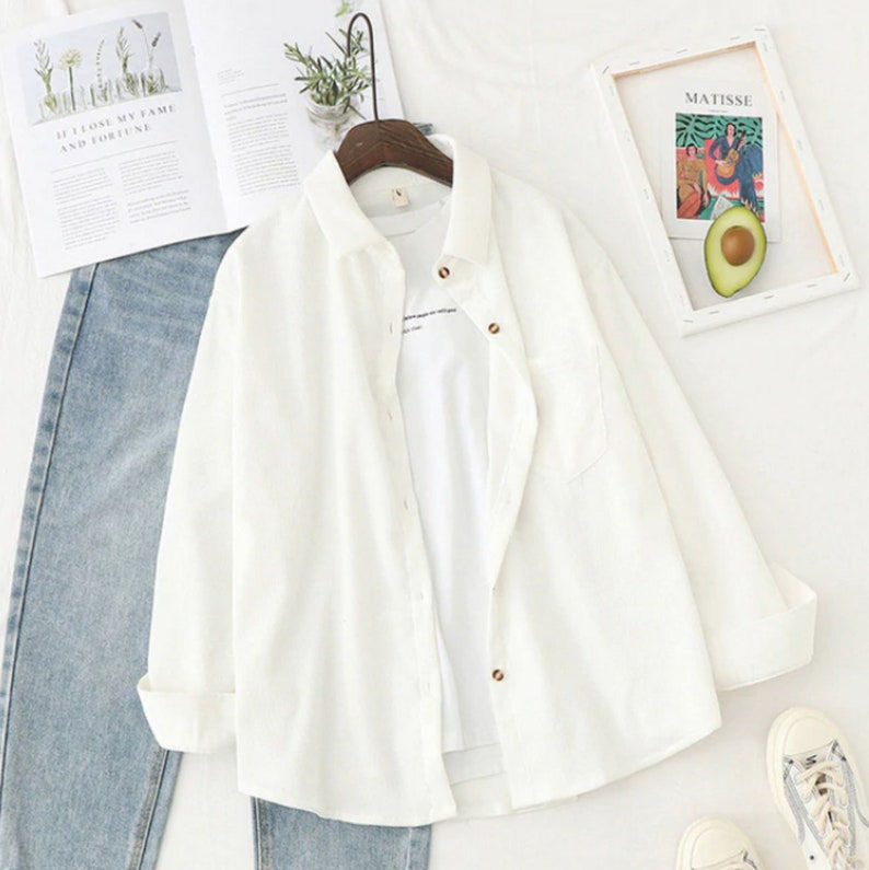 Thumbnail: Turn-Down Collar Long Sleeve Corduroy Shirt White