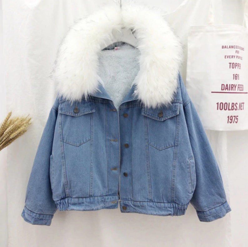 Thumbnail: Faux Fur White Collar Denim Coat