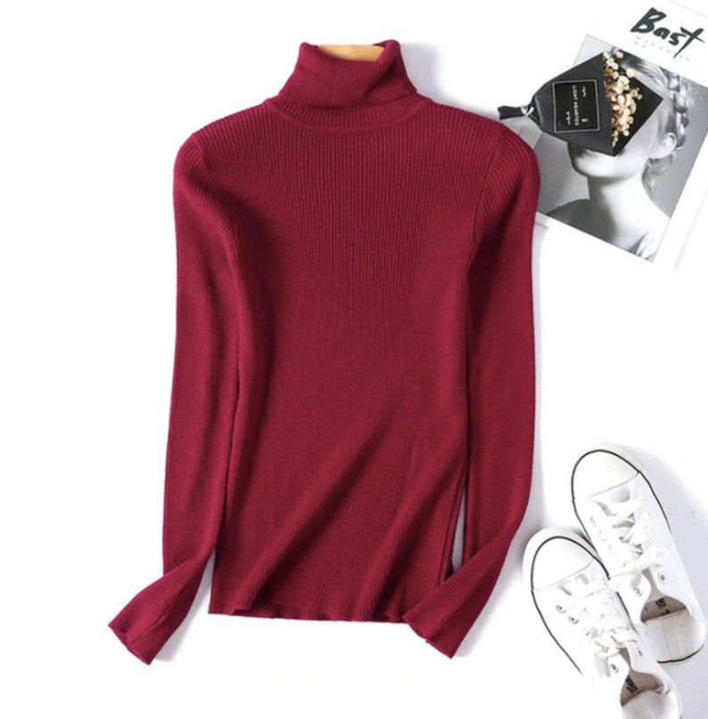Thumbnail: Women Knitted Foldover Turtleneck Red Sweater