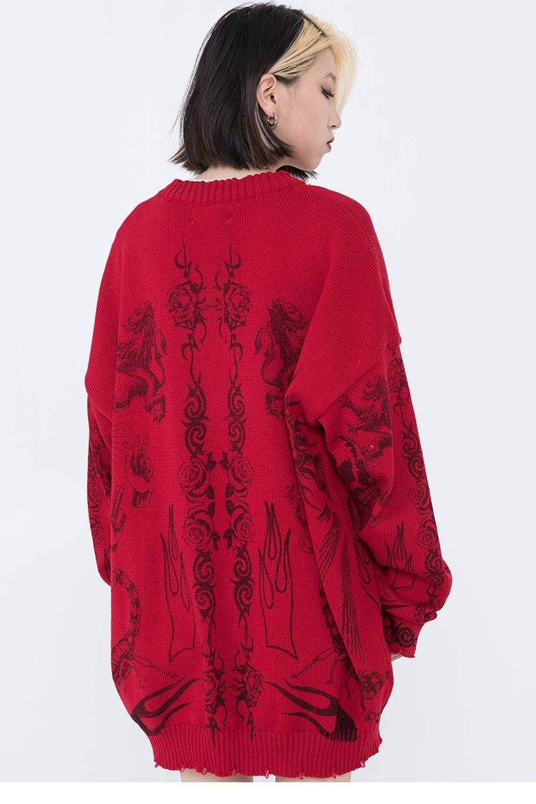 Thumbnail: Hip Hop Rose Eye Scorpion Knitted Sweater red back