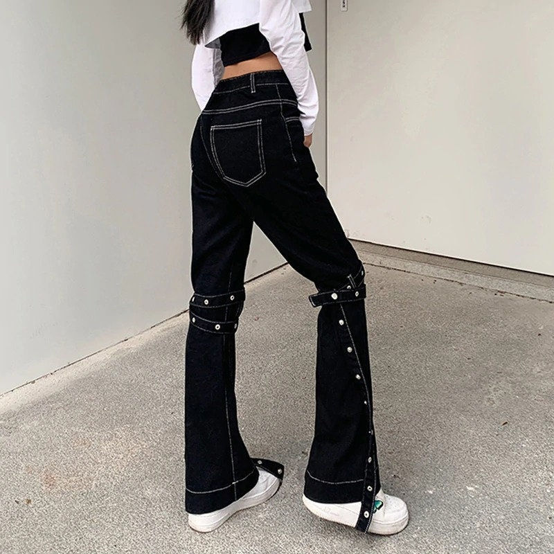 Thumbnail: White Stripe Designed High Waisted Hip Hop Flare Pants Model Back