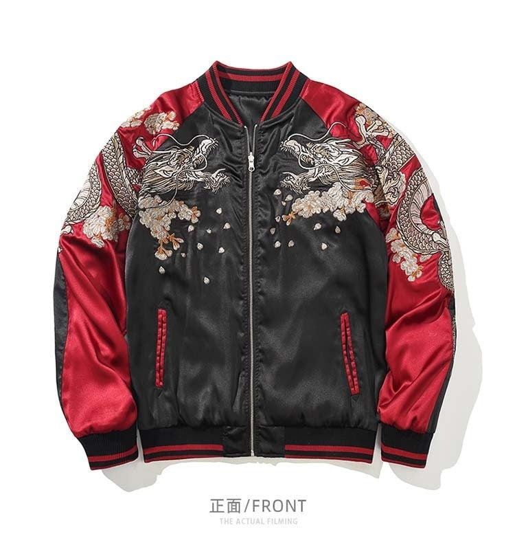 Thumbnail: Embroidery Dragon Tiger Red and Black Thick Jacket