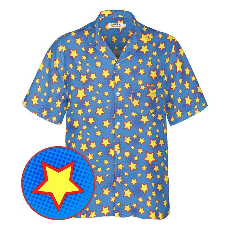 Superhero Super Stars Blue Button Up Shirt Collar Open