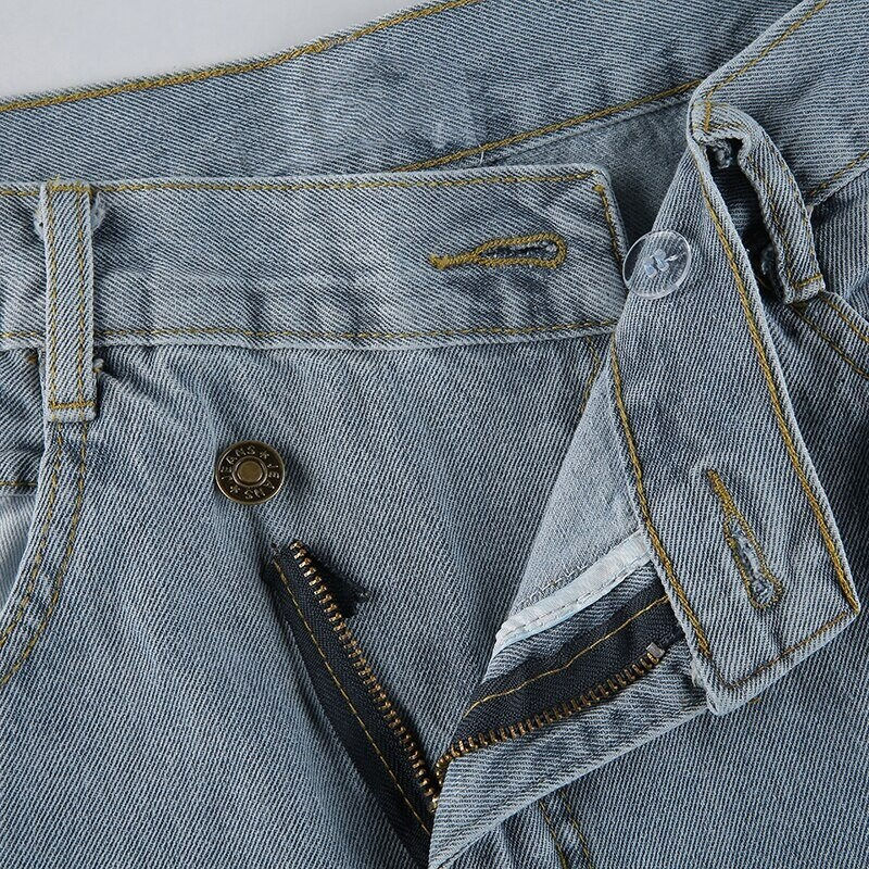 Thumbnail: Misplaced Button High Waisted Ripped Jeans Zipper Open