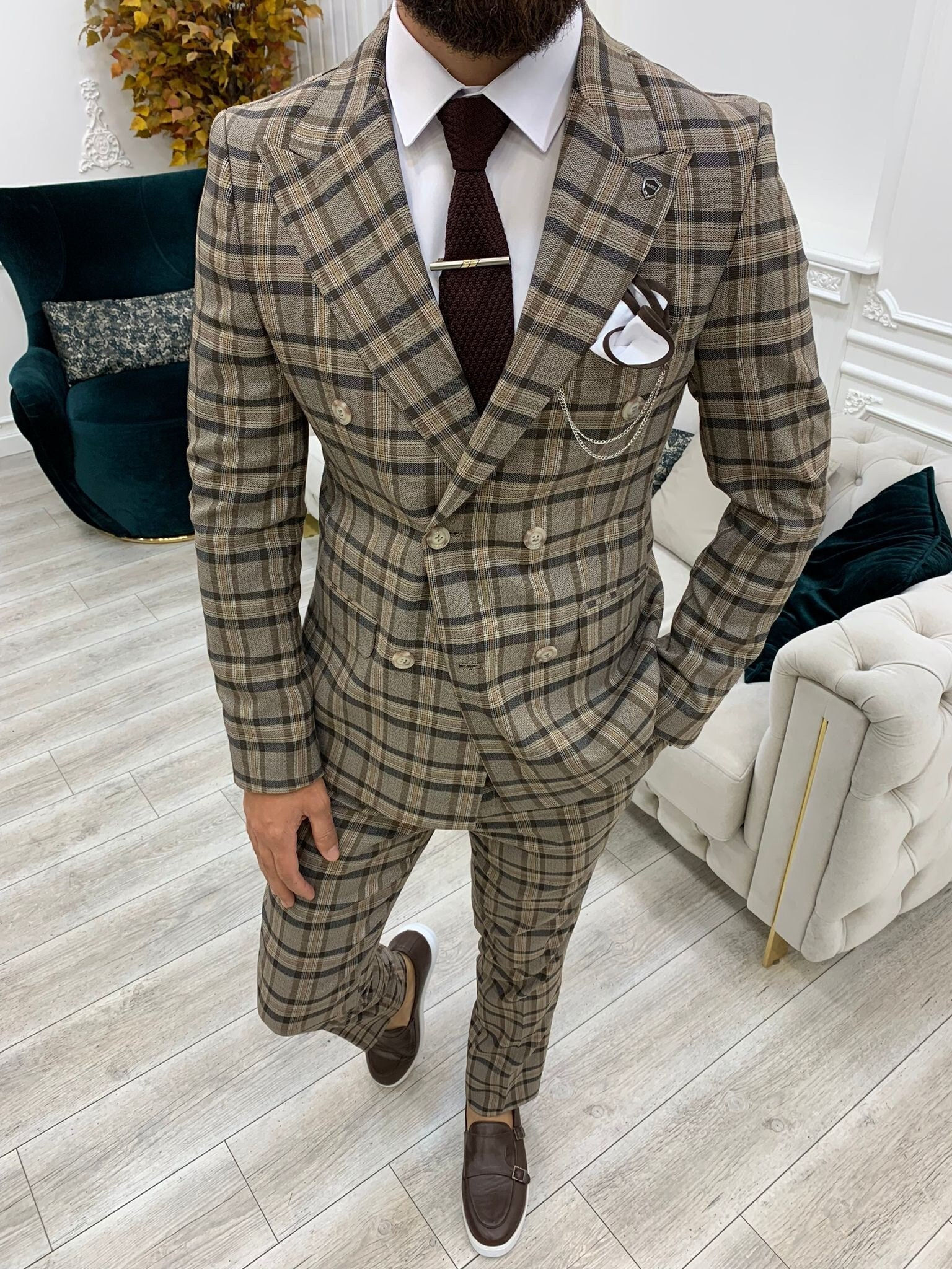 Brown Slim Fit Double Breasted Plaid Suit Full View