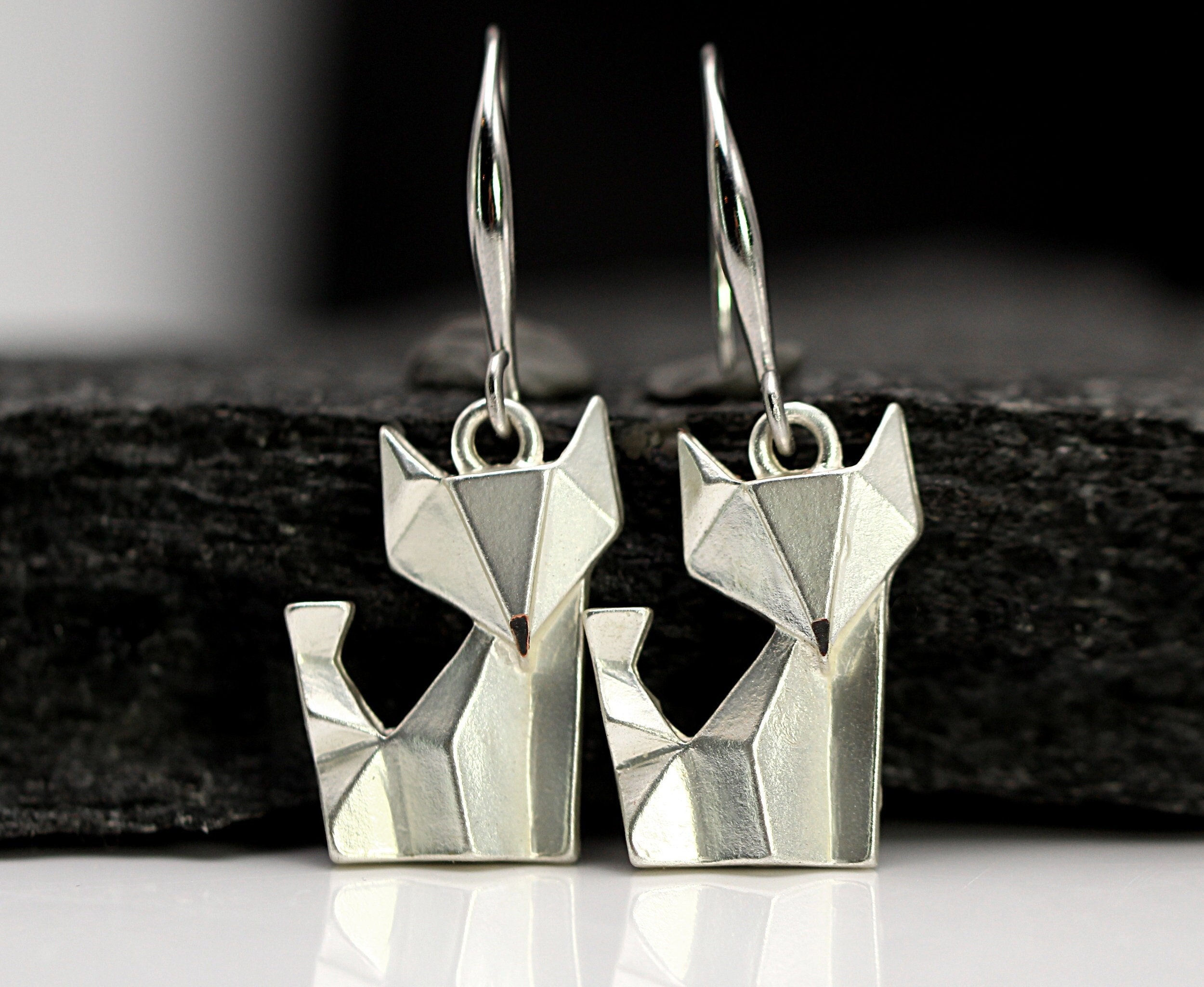 Origami Fox Dangle Silver Earrings