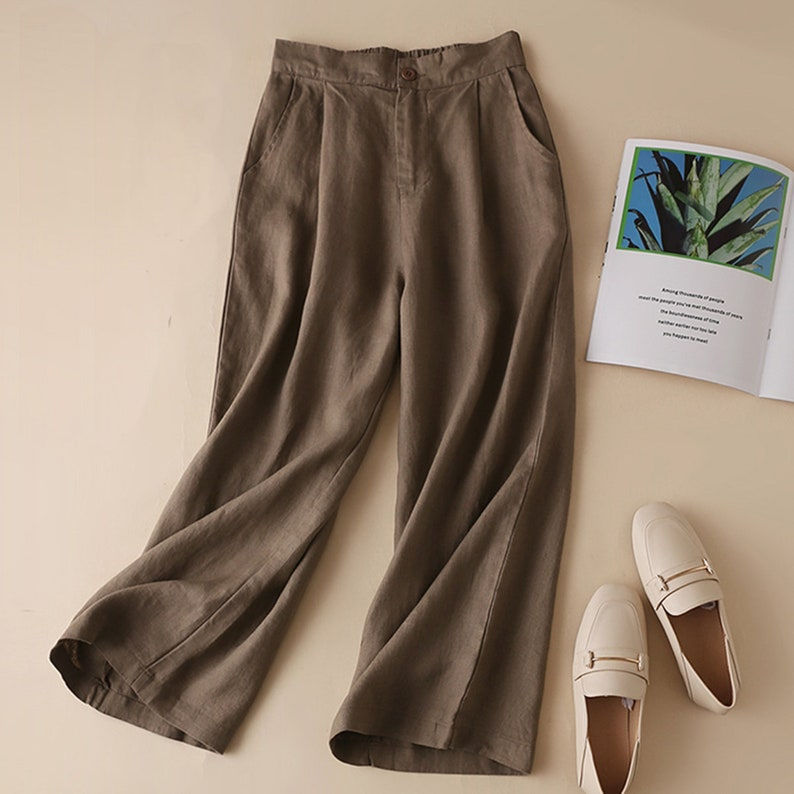 Thumbnail: Summer Autumn Wide Leg Dark Khaki Linen Pants