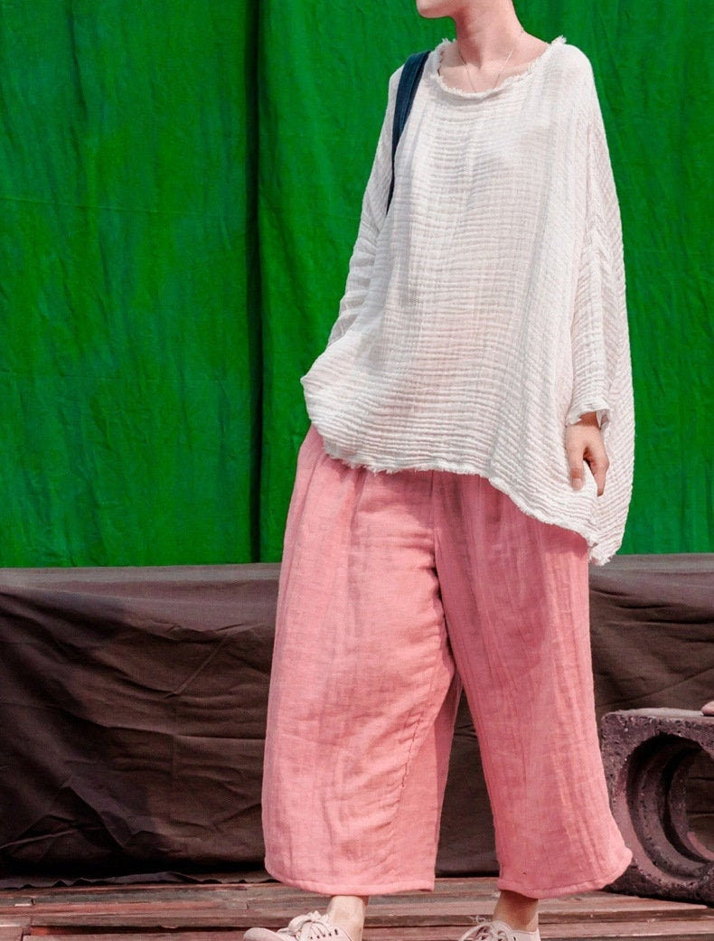 Thumbnail: Casual Linen Wide Leg Pink Pant Front