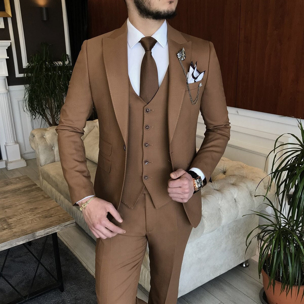Brown Slim Fit Suit Vest Open