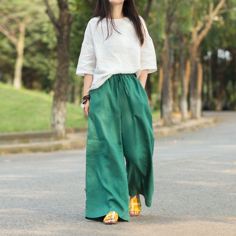 Thumbnail: Linen Wide Leg Green Pants With Elastic Waist Band