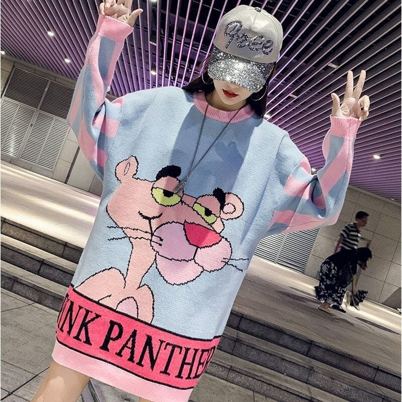 Pink Knitted Cartoon Pullovers Panther Leopard Jumper