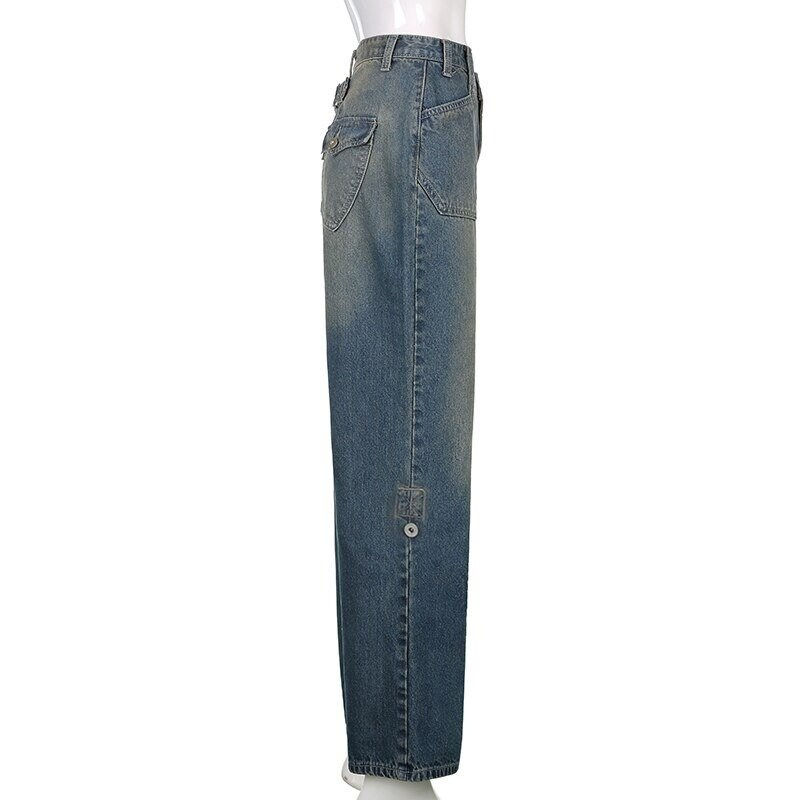 Thumbnail: High Waisted Blue Denim Cargo Pants Side